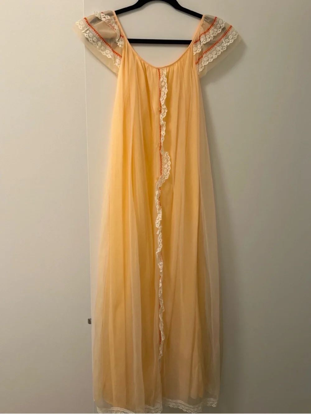 Vintage Sherbet Orange Lace Trim Chiffon Nightgown - Picture 2 of 5